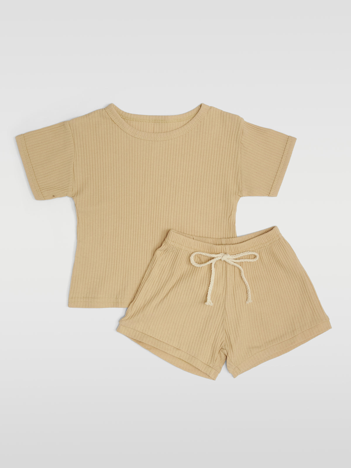 Coffee Shorts Set: beige ribbed baby tee and shorts co-ord with rope tie waist