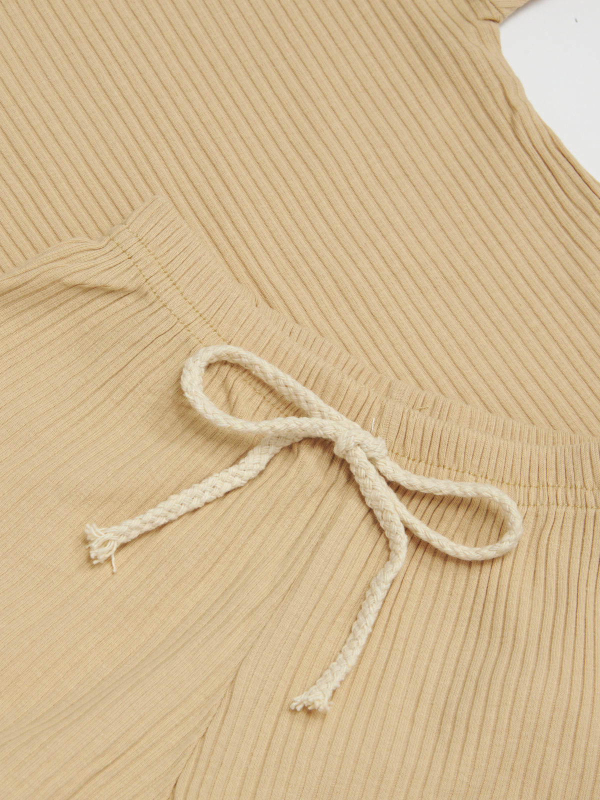 Coffee Shorts Set close-up of beige ribbed fabric and rope drawstring tie