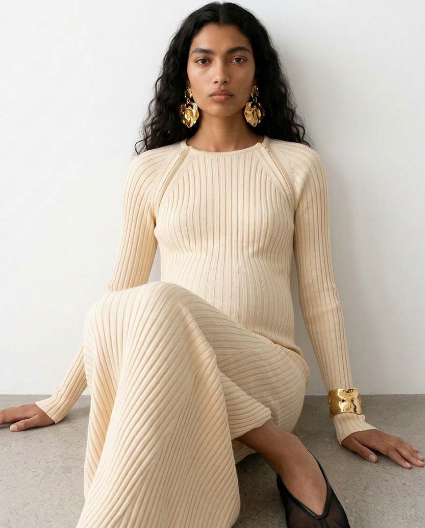 Woman wearing a beige ribbed dress sitting on a light gray surface with a white background